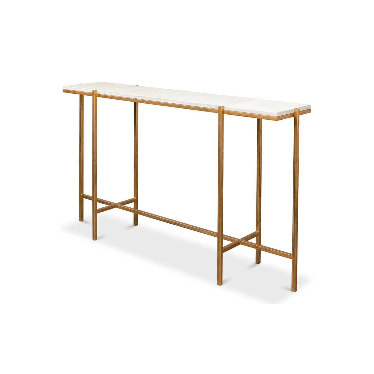Perspective view of console table with leather top.