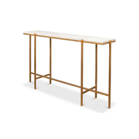 Perspective view of console table with leather top.