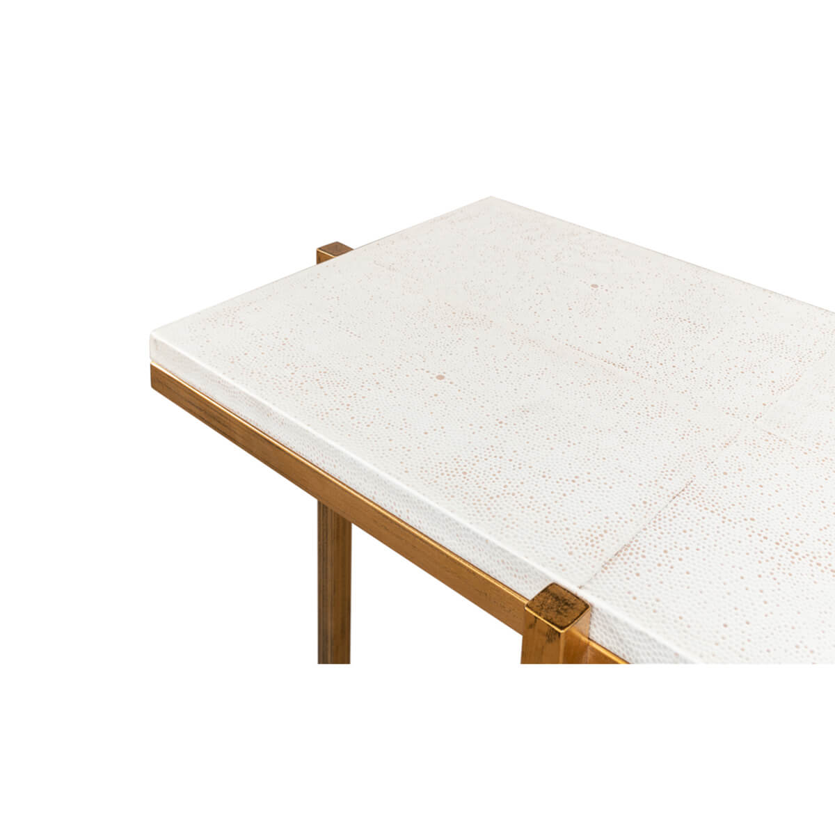 Edge detail of leather top console table.