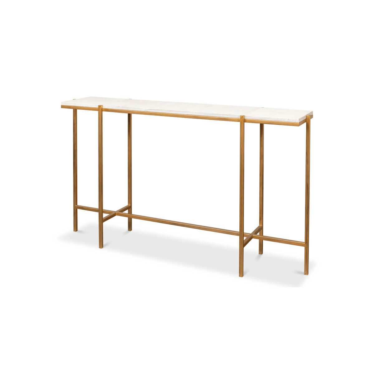 Angled view of art deco console table.