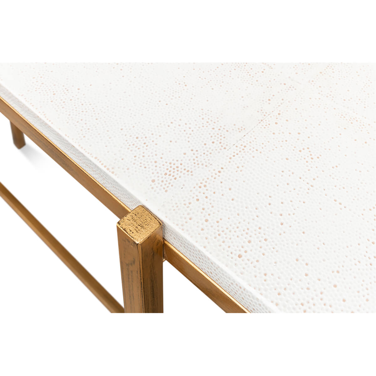 Detailed corner shot of console table's leather surface.