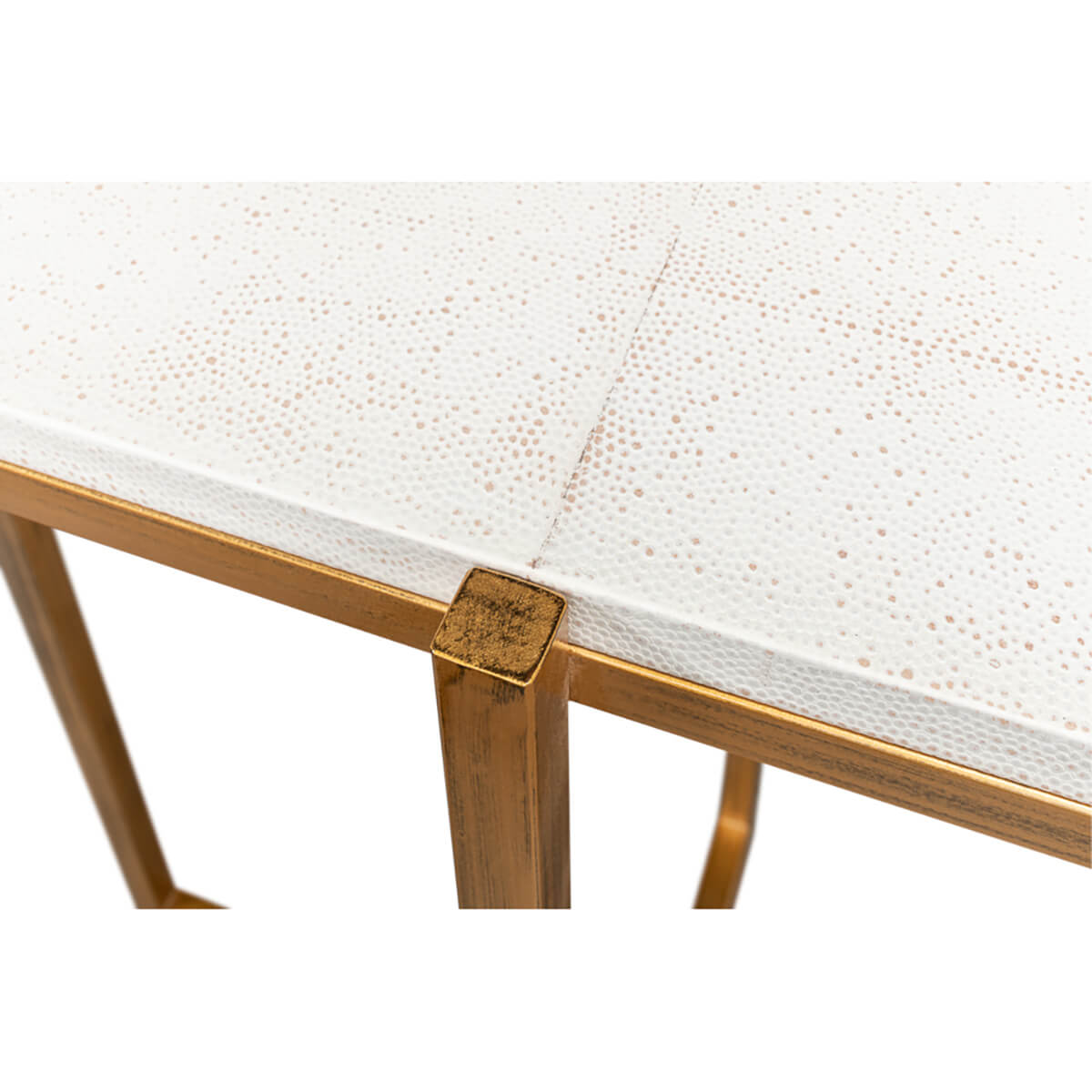 Close-up of leather texture on console table.