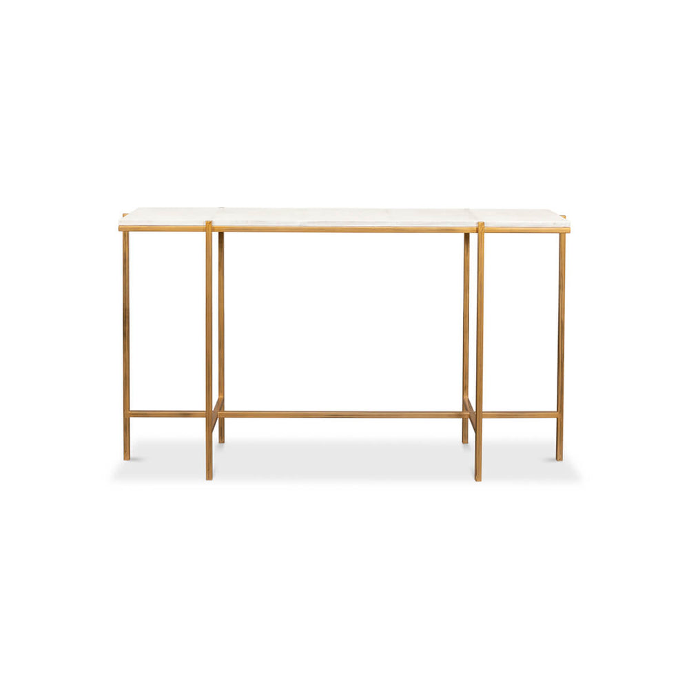 Front view of leather top console table, gold legs.