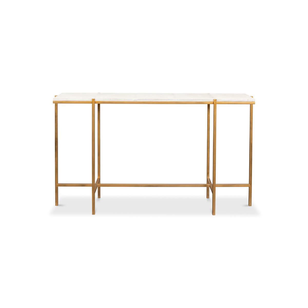 Front view of leather top console table, gold legs.