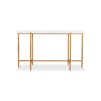 Front view of leather top console table, gold legs.