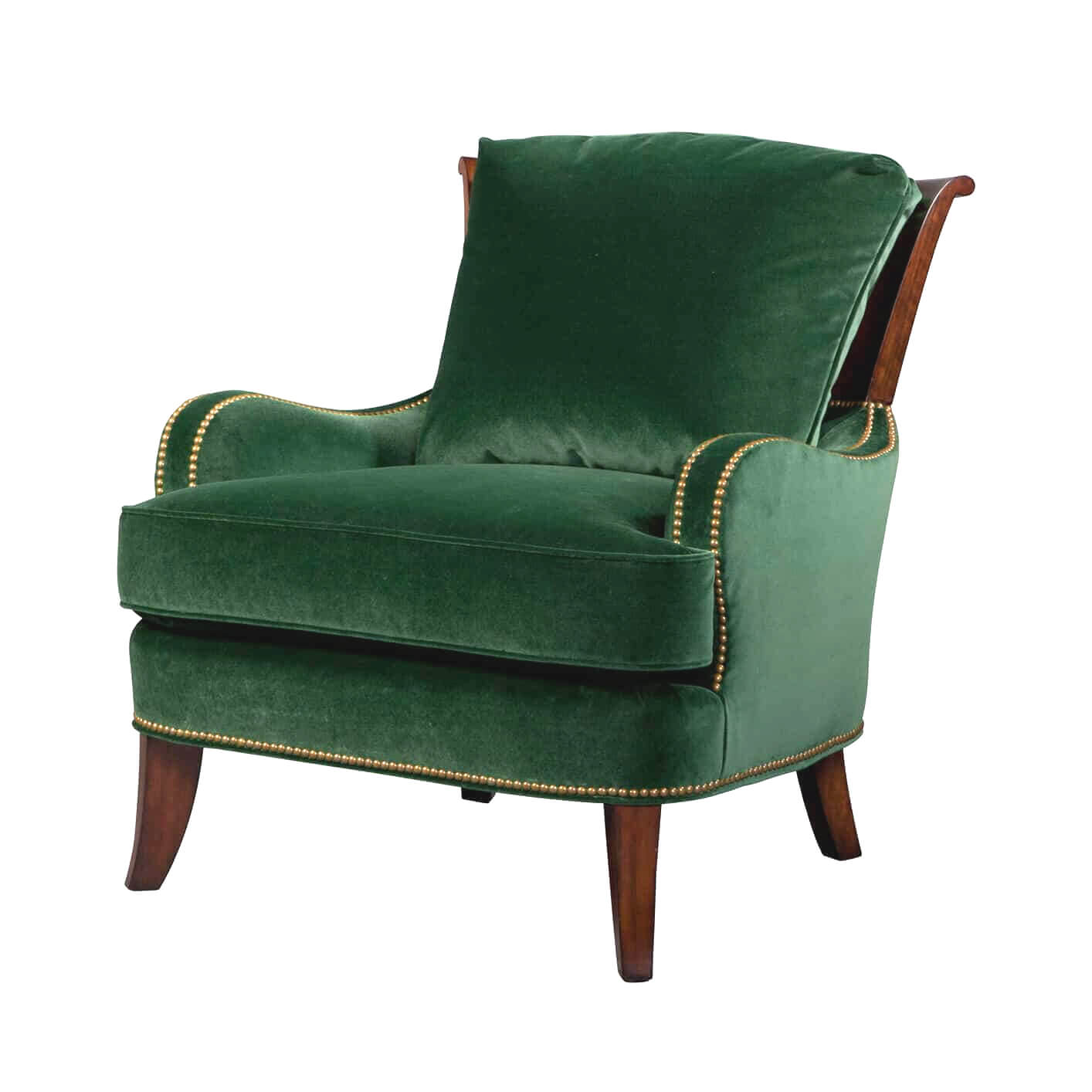 Green velvet accent chair, front angle view.
