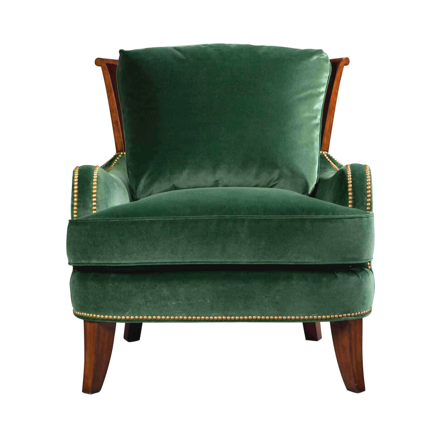 Green velvet accent chair, front view.