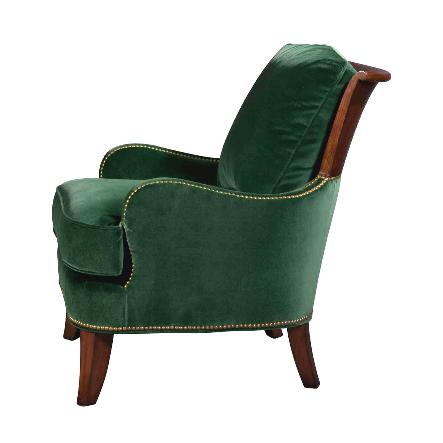 Green velvet accent chair, side profile view.