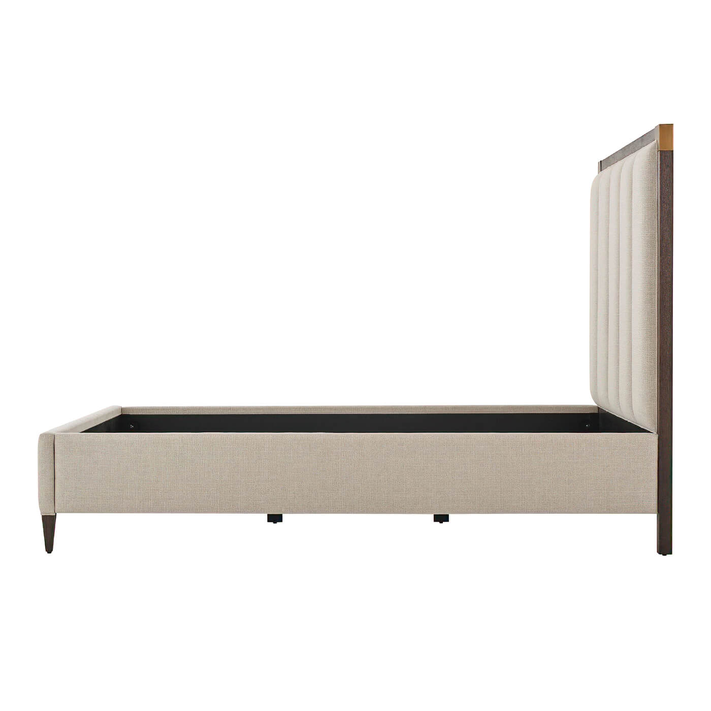 Beige queen bed frame, side profile, no mattress.