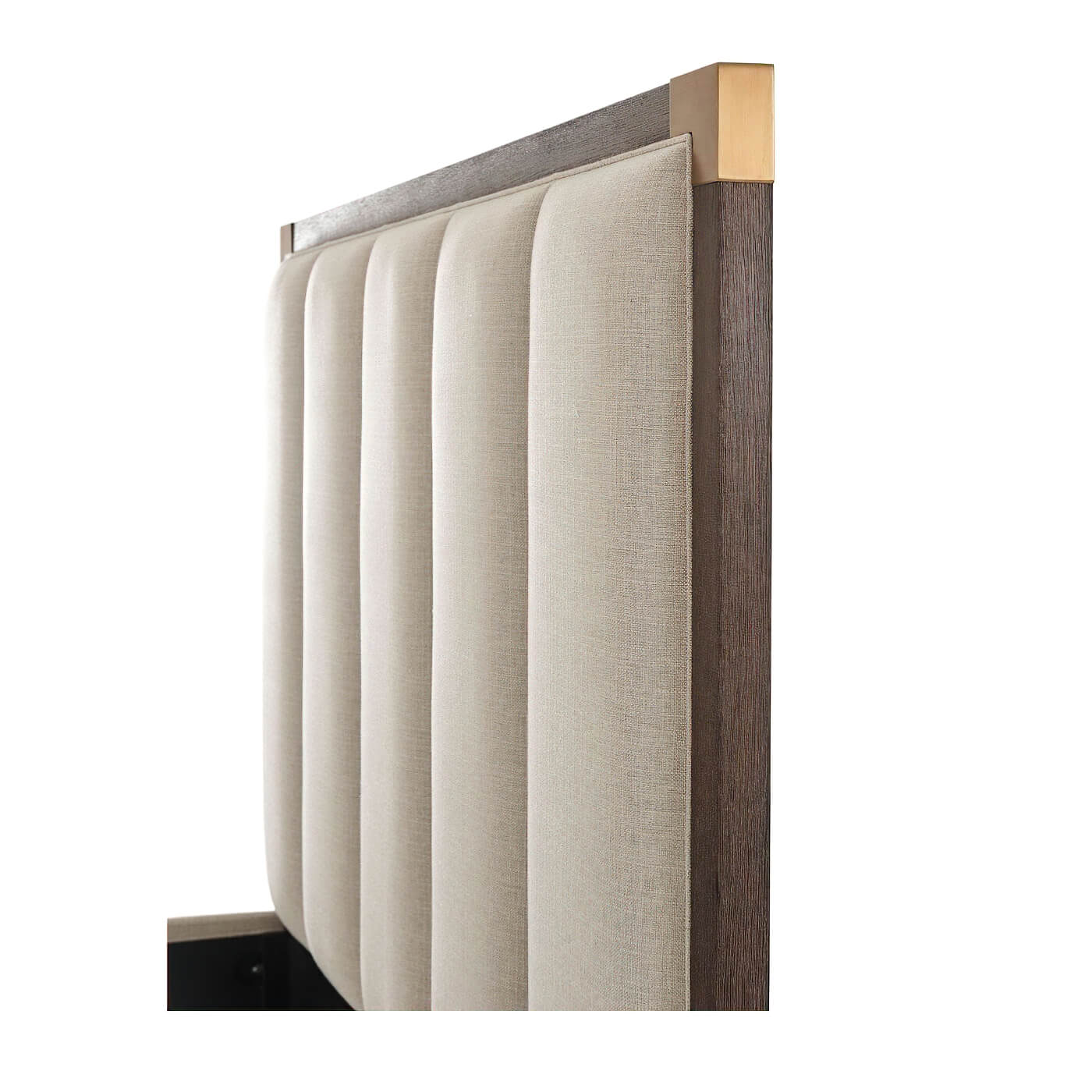 Beige queen bed headboard close-up, corner detail.