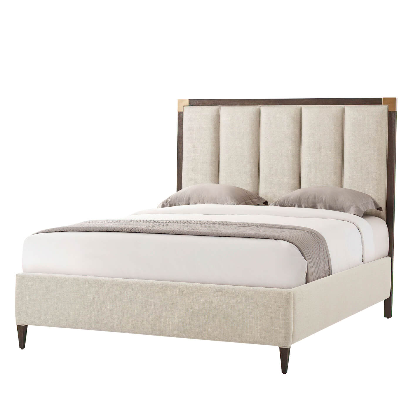 Beige queen bed with pillows, front-left view.