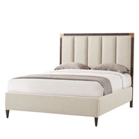 Beige queen bed with pillows, front-left view.