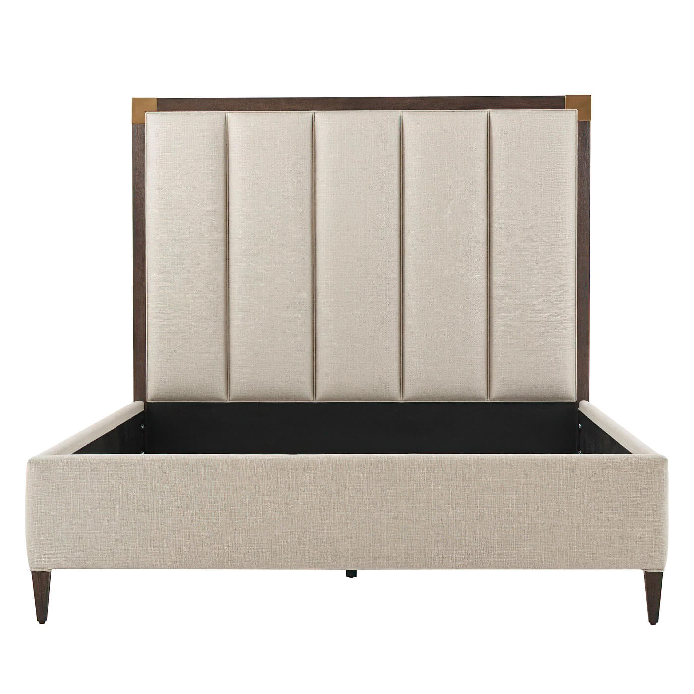 Beige queen bed frame, headboard focus, front view.