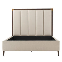Beige queen bed frame, headboard focus, front view.