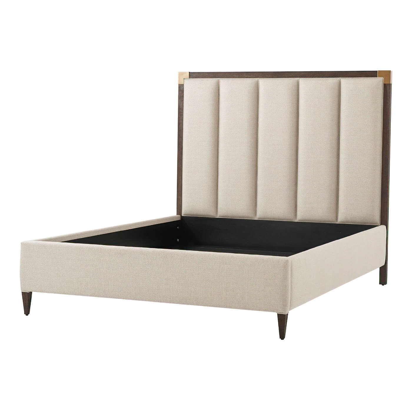 Beige queen bed frame, angled view, no mattress.