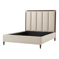 Beige queen bed frame, angled view, no mattress.