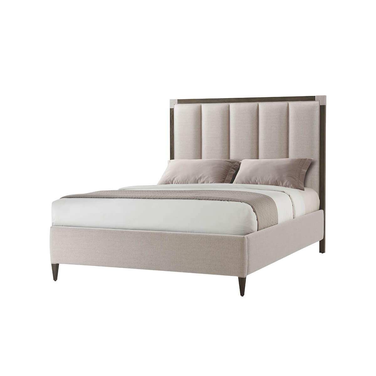Art Deco style queen bed, angled view.