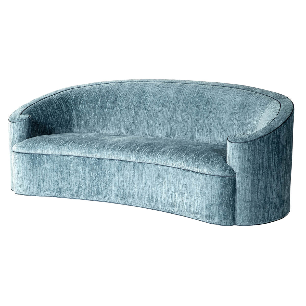 Art deco style scroll sofa, no pillows, side angle.