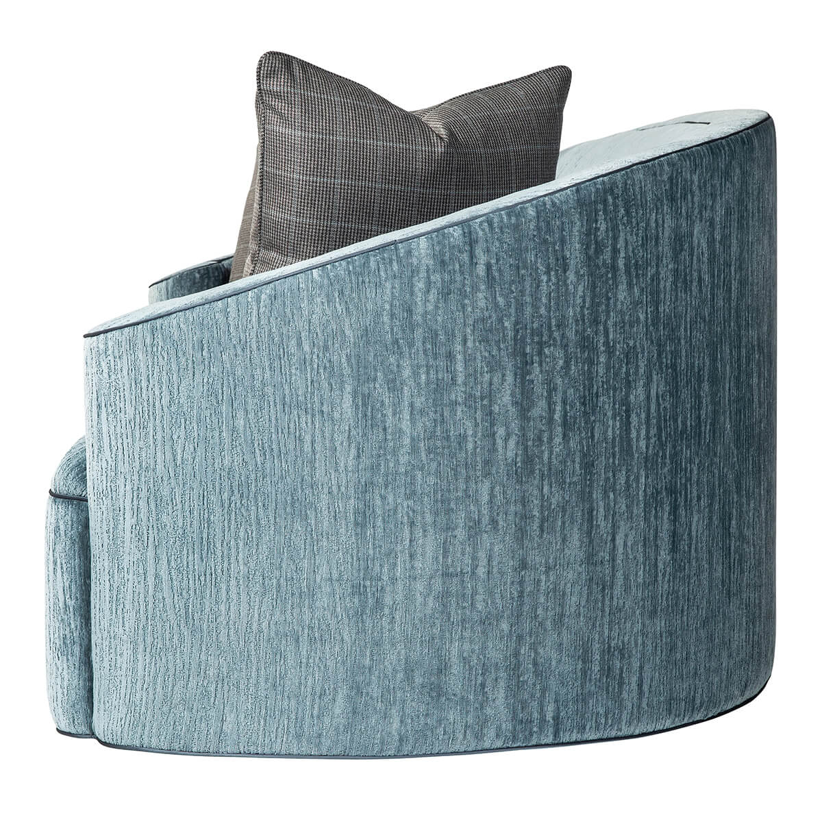 Side view of art deco style scroll sofa with pillow.