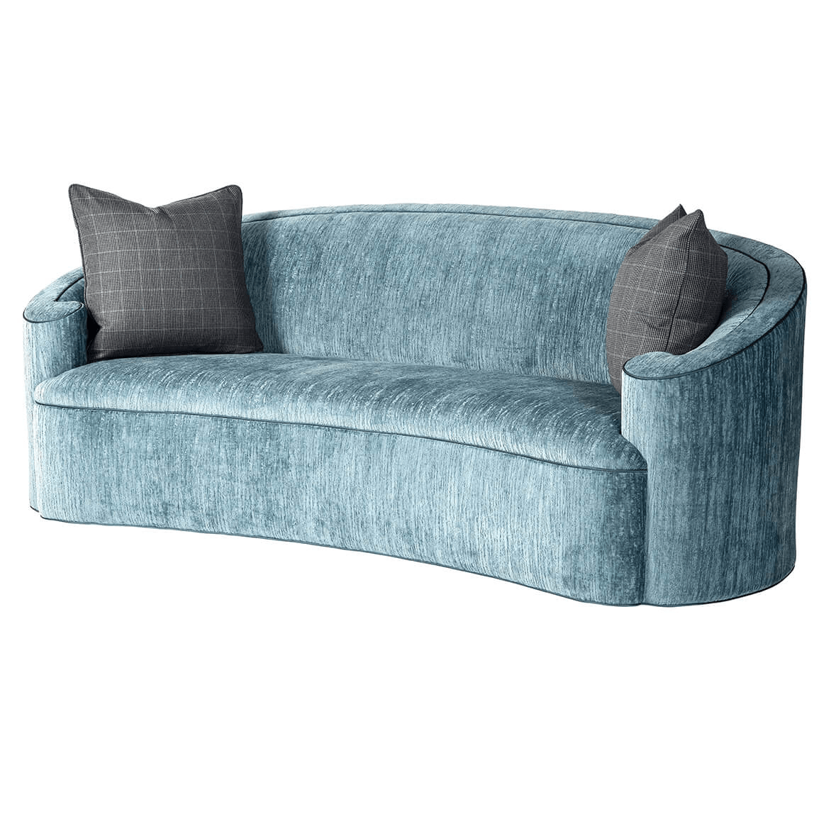Curved art deco style scroll sofa with pillows, angle view.