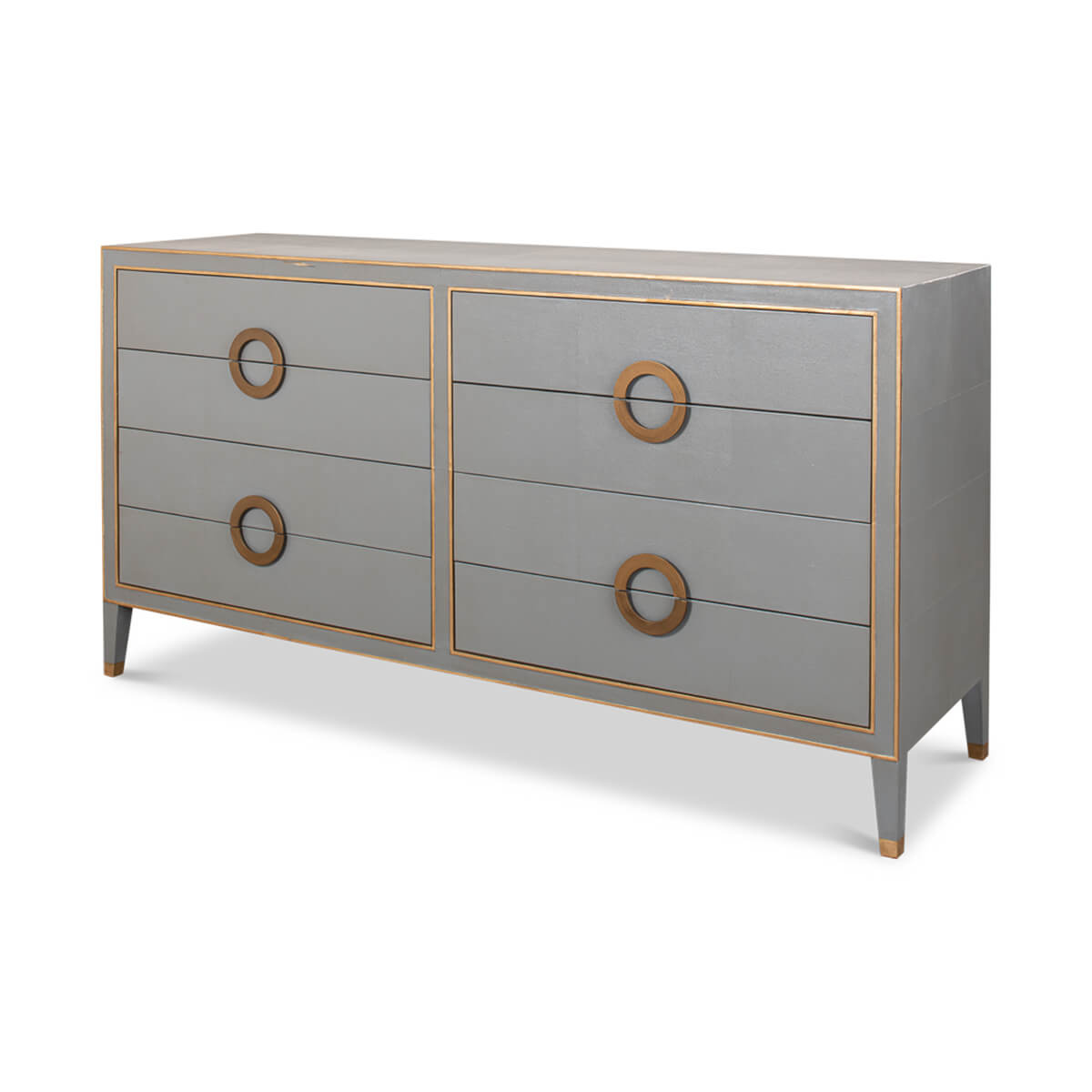 Front view of gray Art Deco dresser, closed drawers.