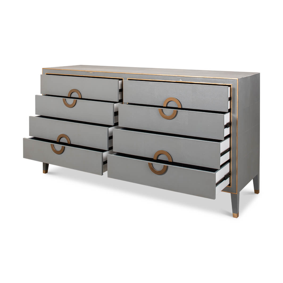 Front view of gray dresser with open drawers, Art Deco.