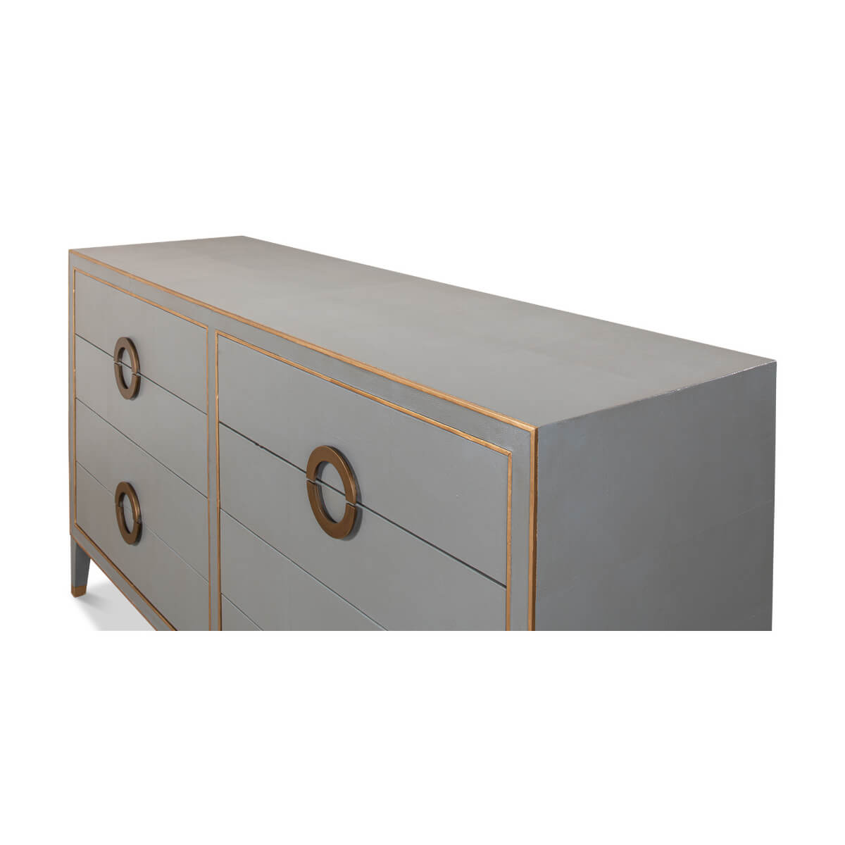 Angled side view of Art Deco dresser, closed drawers.