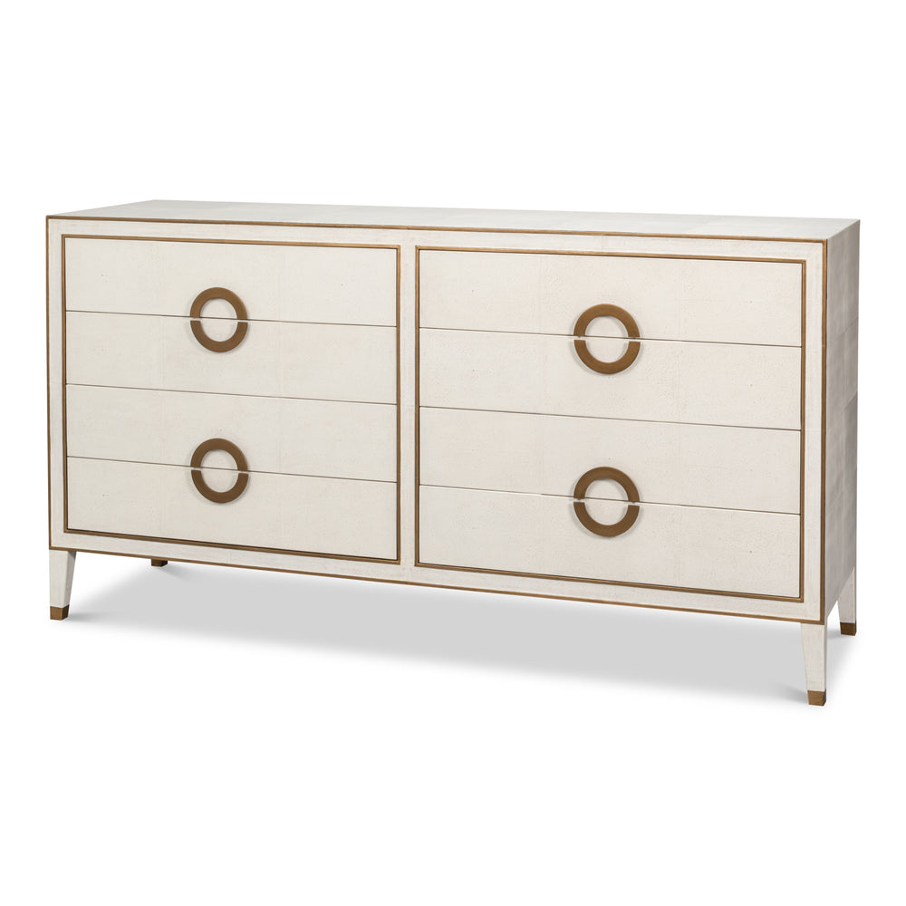 White embossed shagreen leather dresser with eight drawers and gold hardware