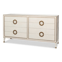 White embossed shagreen leather dresser with eight drawers and gold hardware