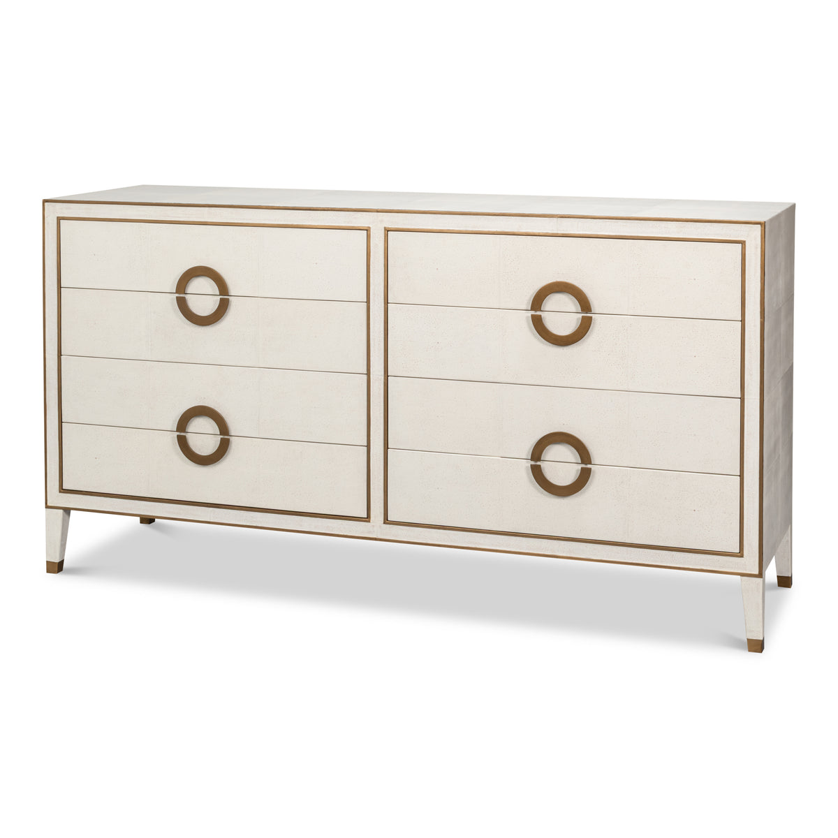 White embossed shagreen leather dresser with eight drawers and gold hardware