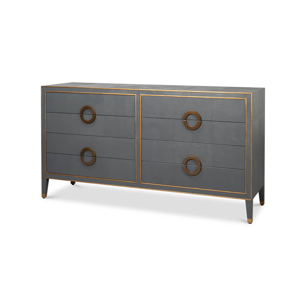 Side view grey dresser with brass accents.