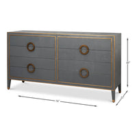 Dimensions shown for grey dresser with brass accents.