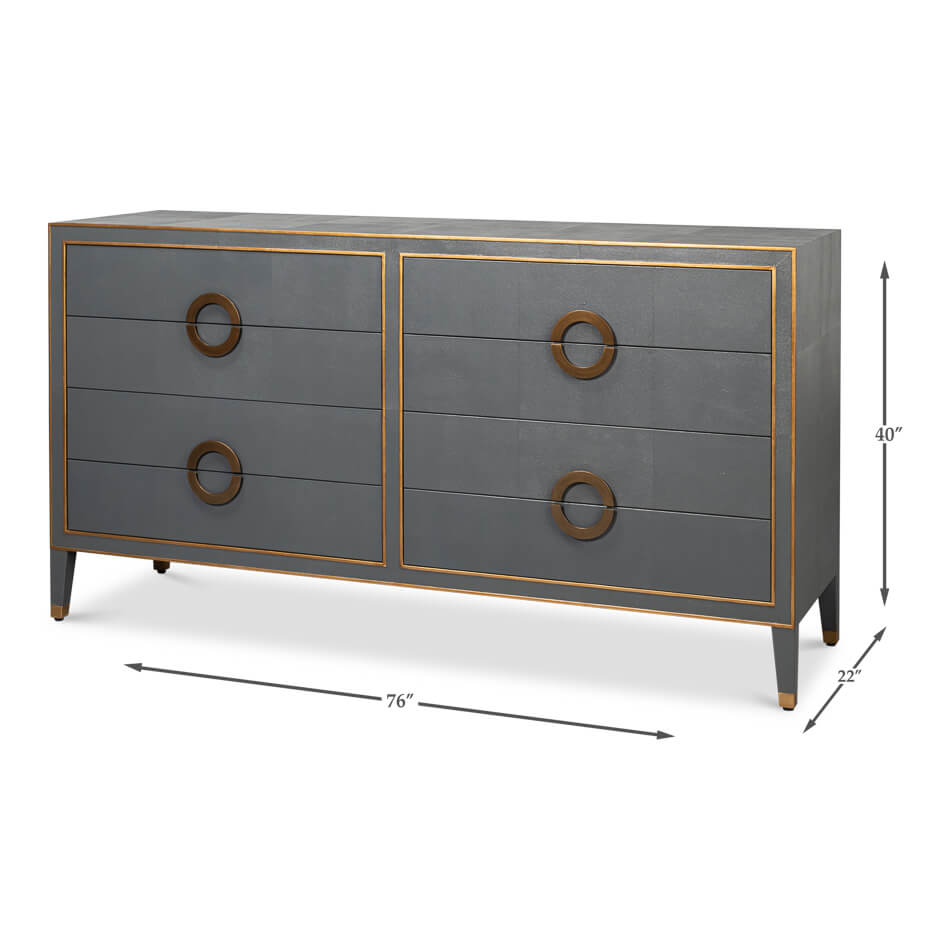 Dimensions shown for grey dresser with brass accents.