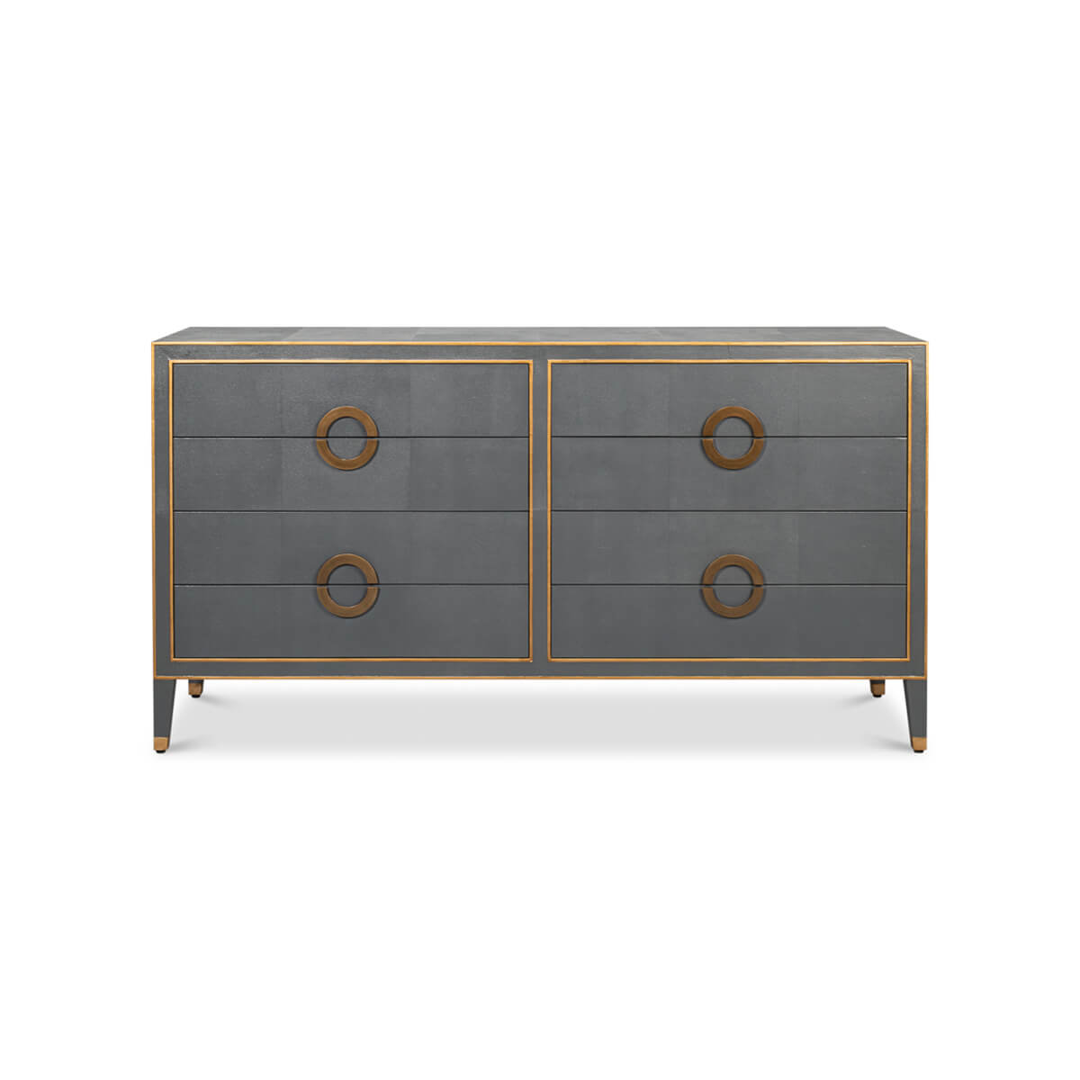 Front view grey dresser, brass handles.