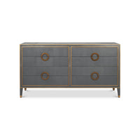 Front view grey dresser, brass handles.