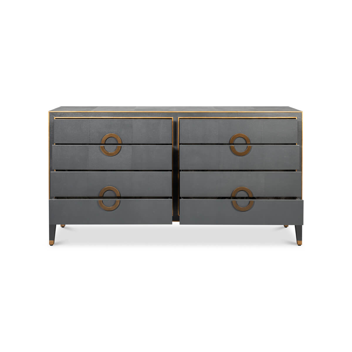 Open drawers grey dresser, brass handles.