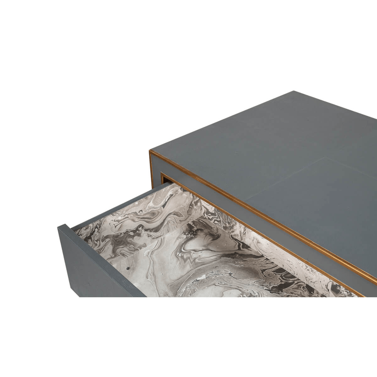 Open drawer showing marbled design, grey dresser.