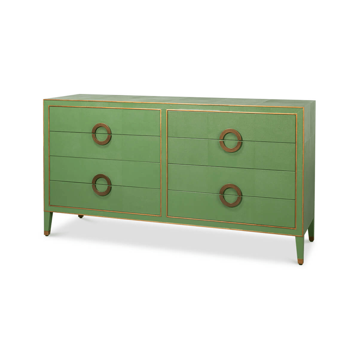 Green dresser angled front view with stylish handles.