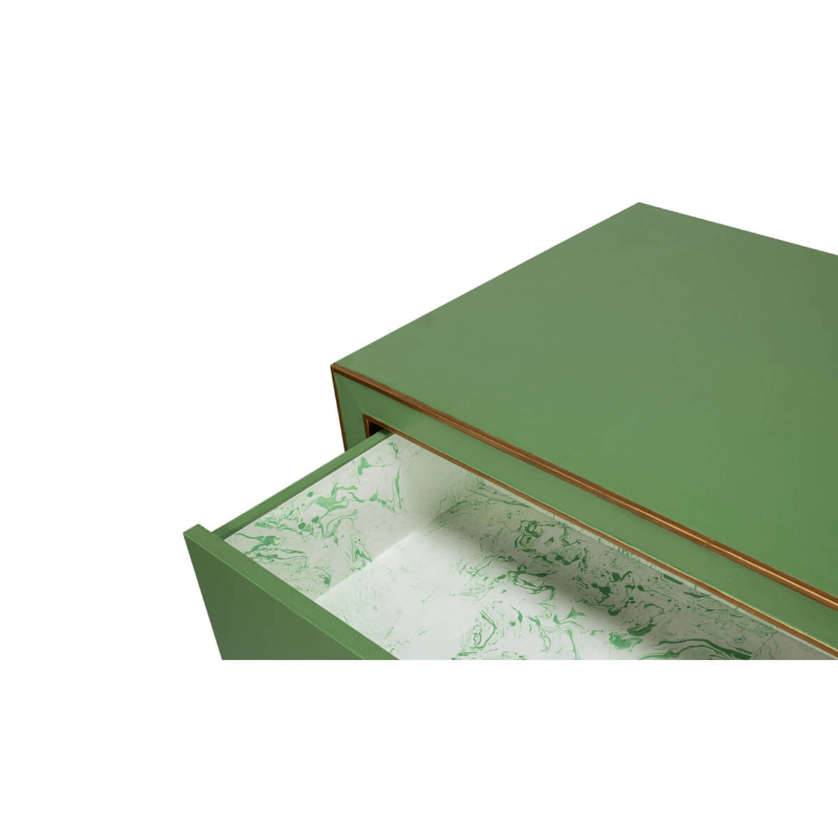 Open drawer with visible marble-pattern lining.