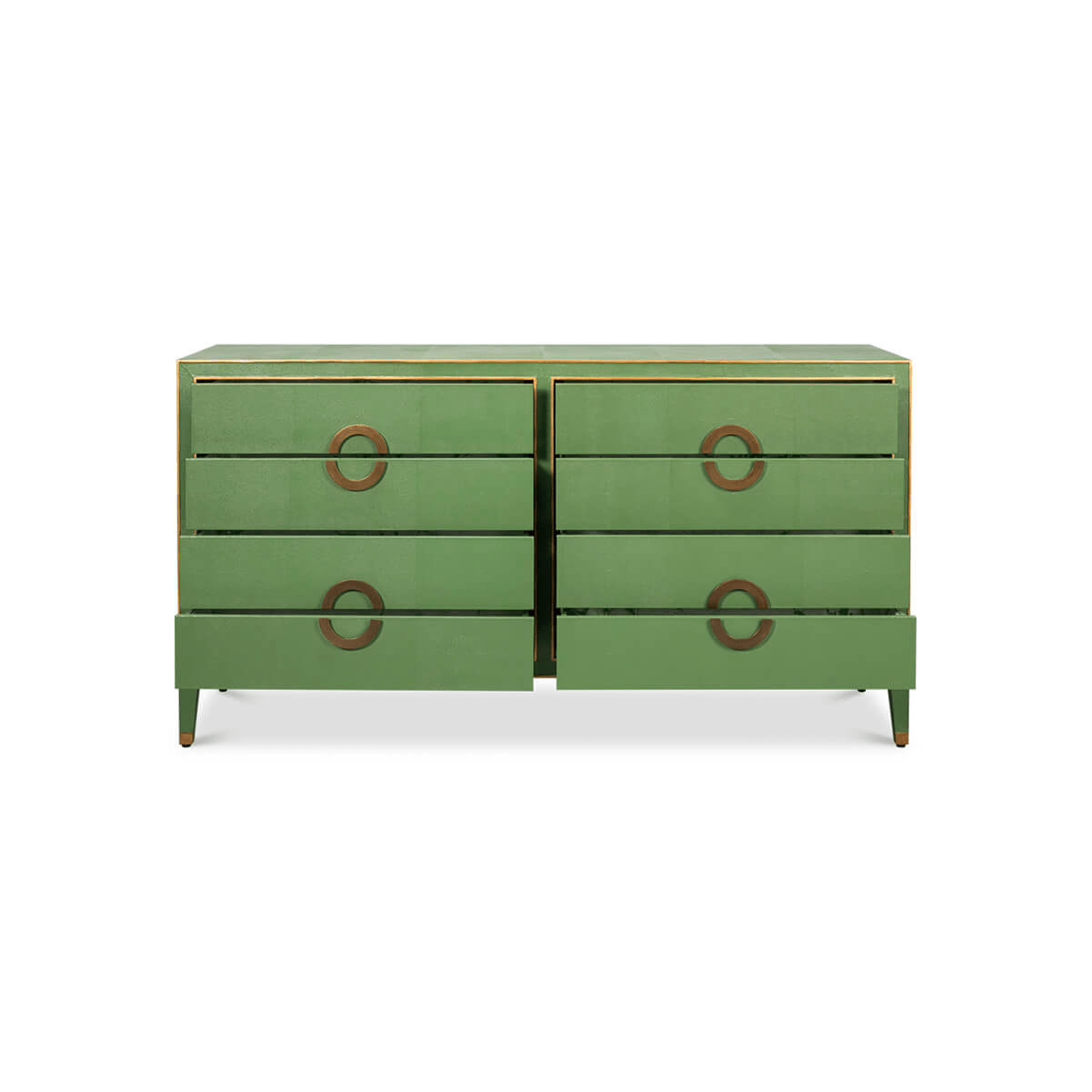 Dresser with partially open drawers revealing interior.