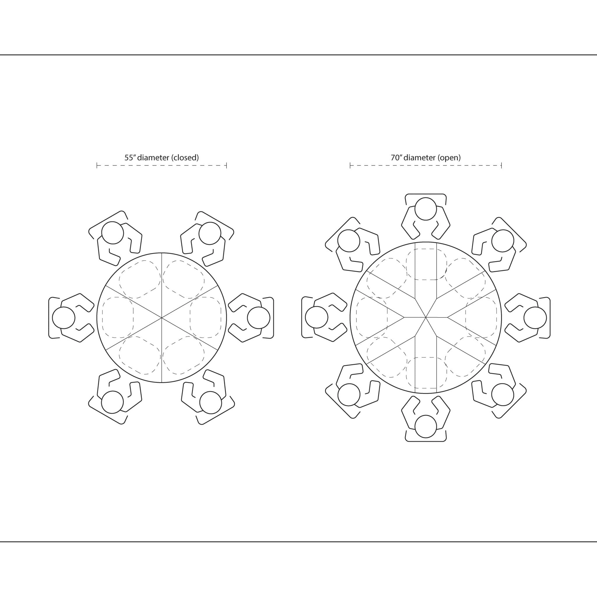 Diagram of seating capacity and table dimensions.