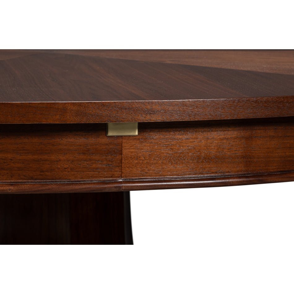 Close-up of table's walnut edge and metal detail.