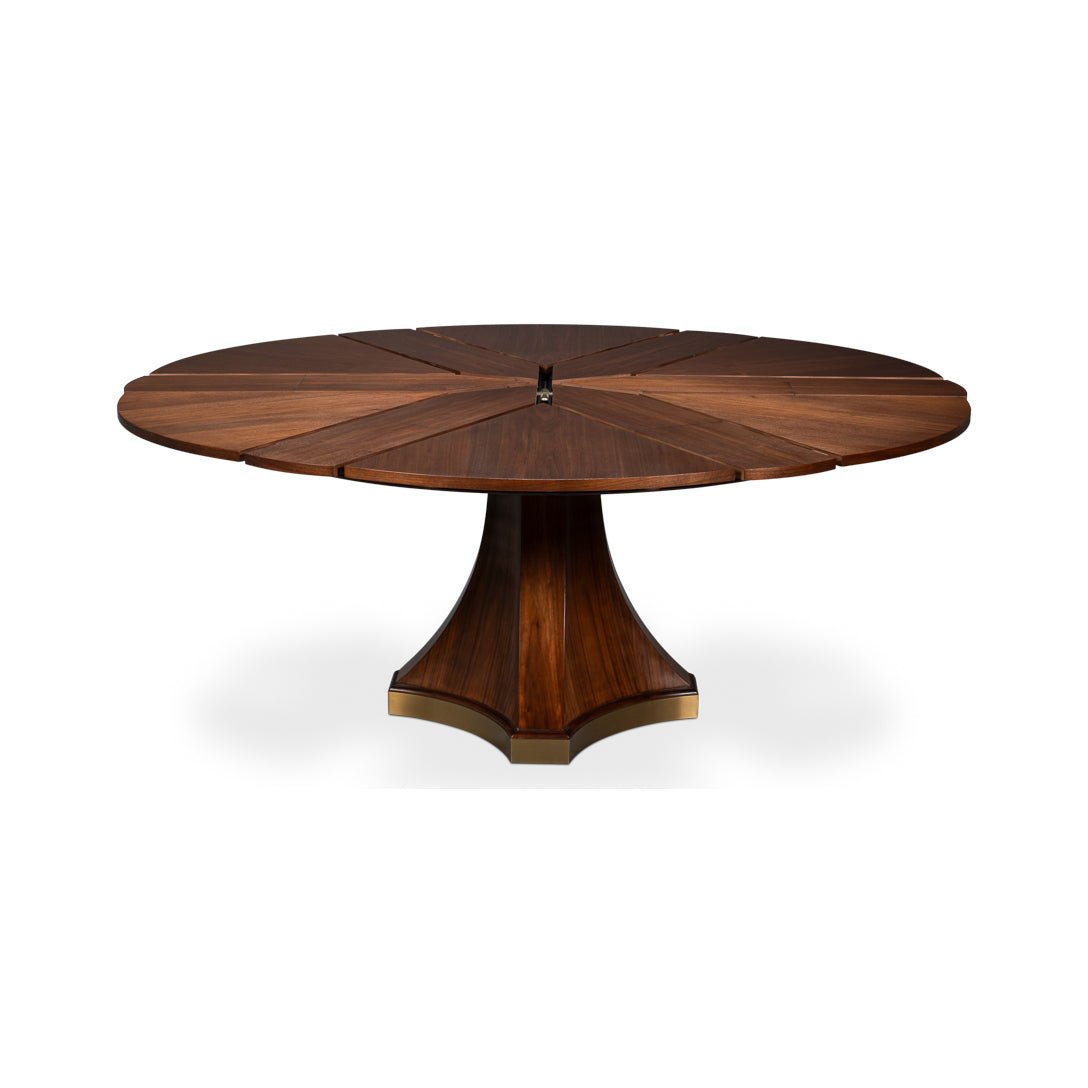 Walnut dining table with leaves partially extended.