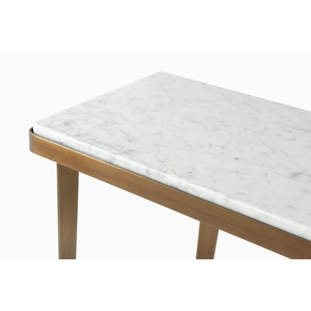 Detail of marble surface on console table corner.