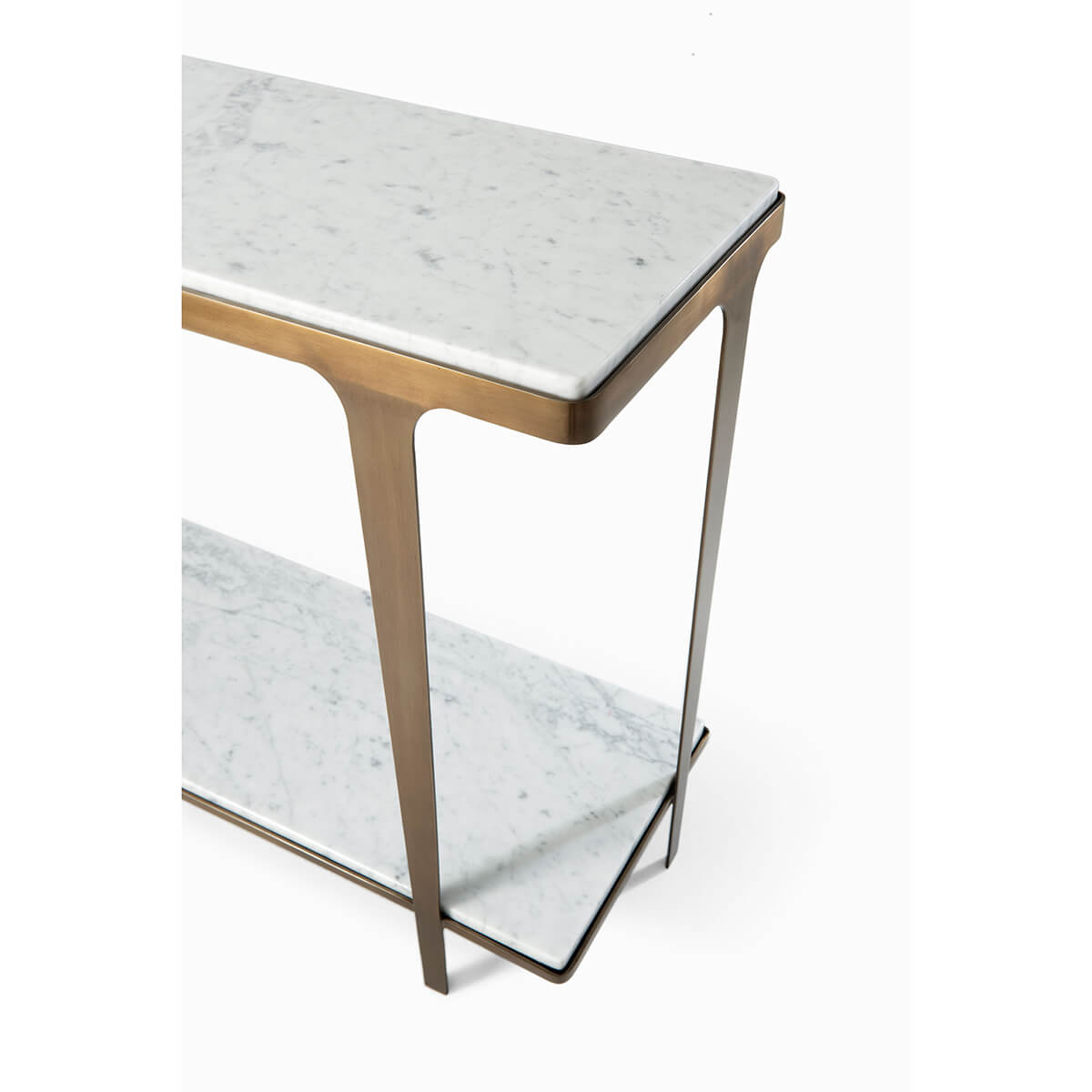 Close-up angled view of console table with marble top.