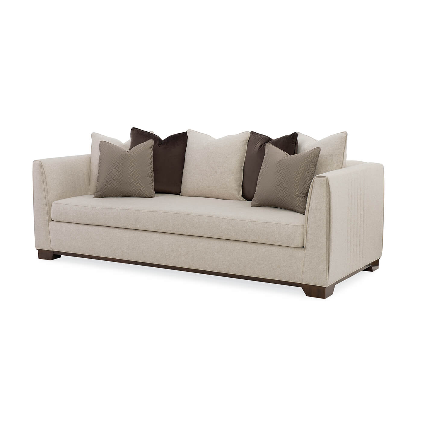 Beige sofa with pillows, angled front view.