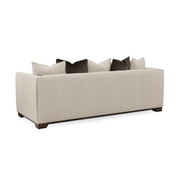 Beige sofa with pillows, back view.