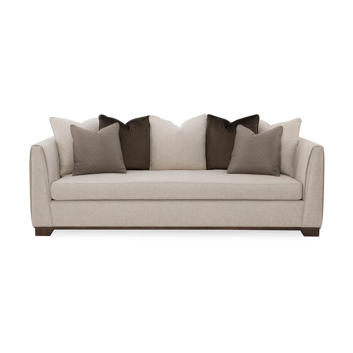 Beige sofa with pillows, straight front view.