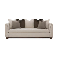 Beige sofa with pillows, straight front view.