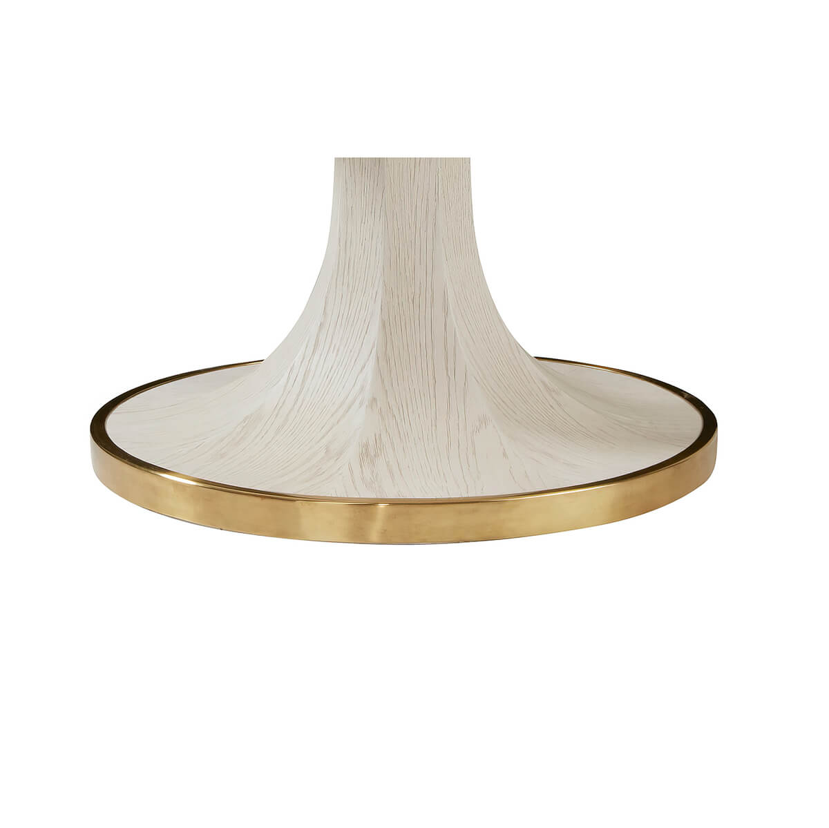 Base of white center table featuring gold trim, close-up.